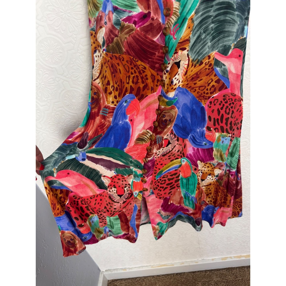 Farm Rio Jungle Animals Button Front Midi Dress Tropical Leopard Toucan Sloth - Picture 8 of 13